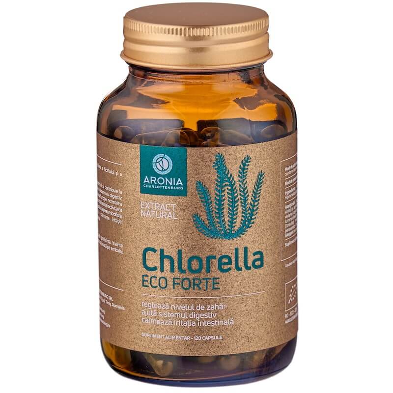 Chlorella ECO Forte — 120 capsule Chlorella ECO Forte 120 capsule - supliment alimentar din microalga Chlorella pentru digestie și microfloră intestinală