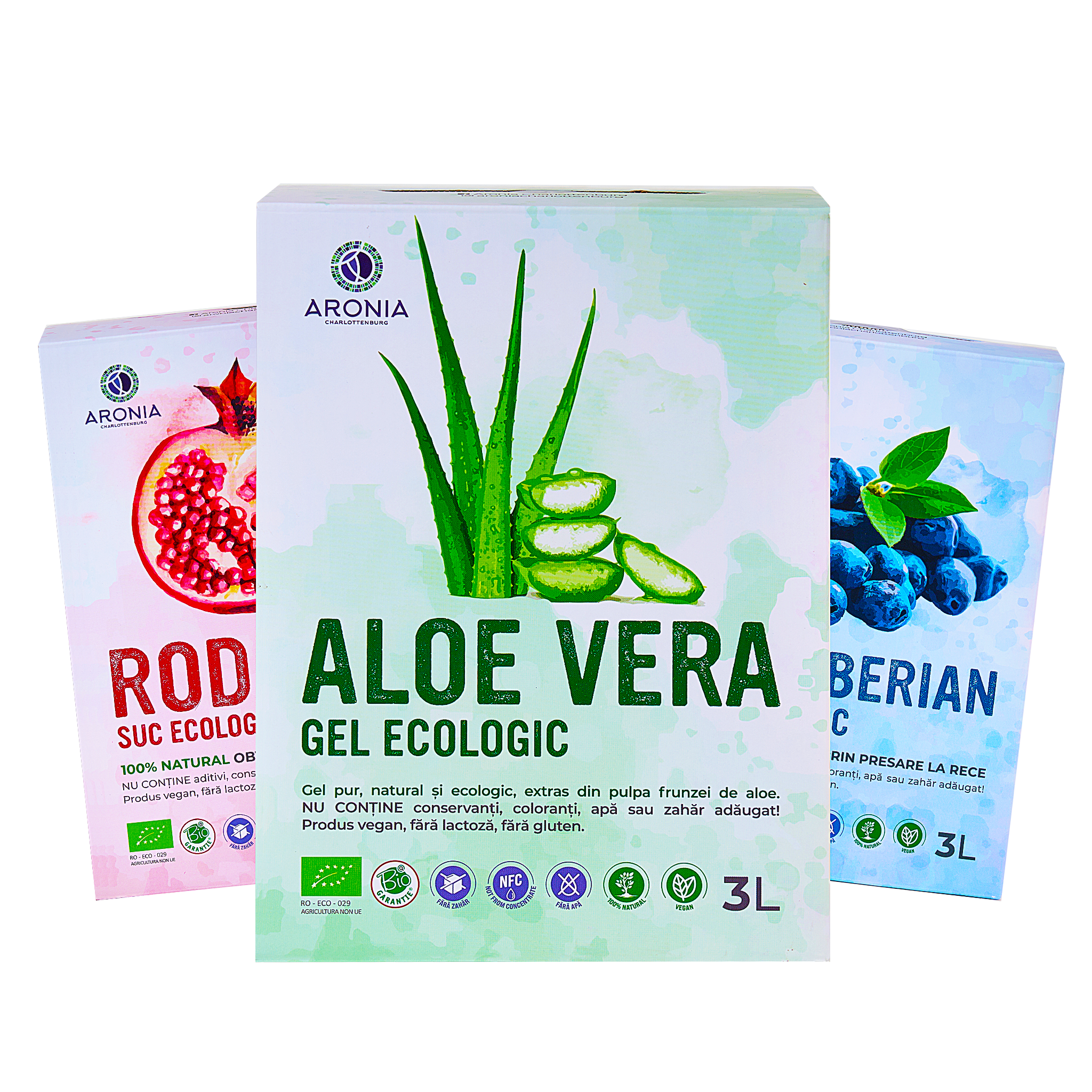 Pachet cu 3 sucuri naturale: rodie, afin siberian, aloe vera - 3L