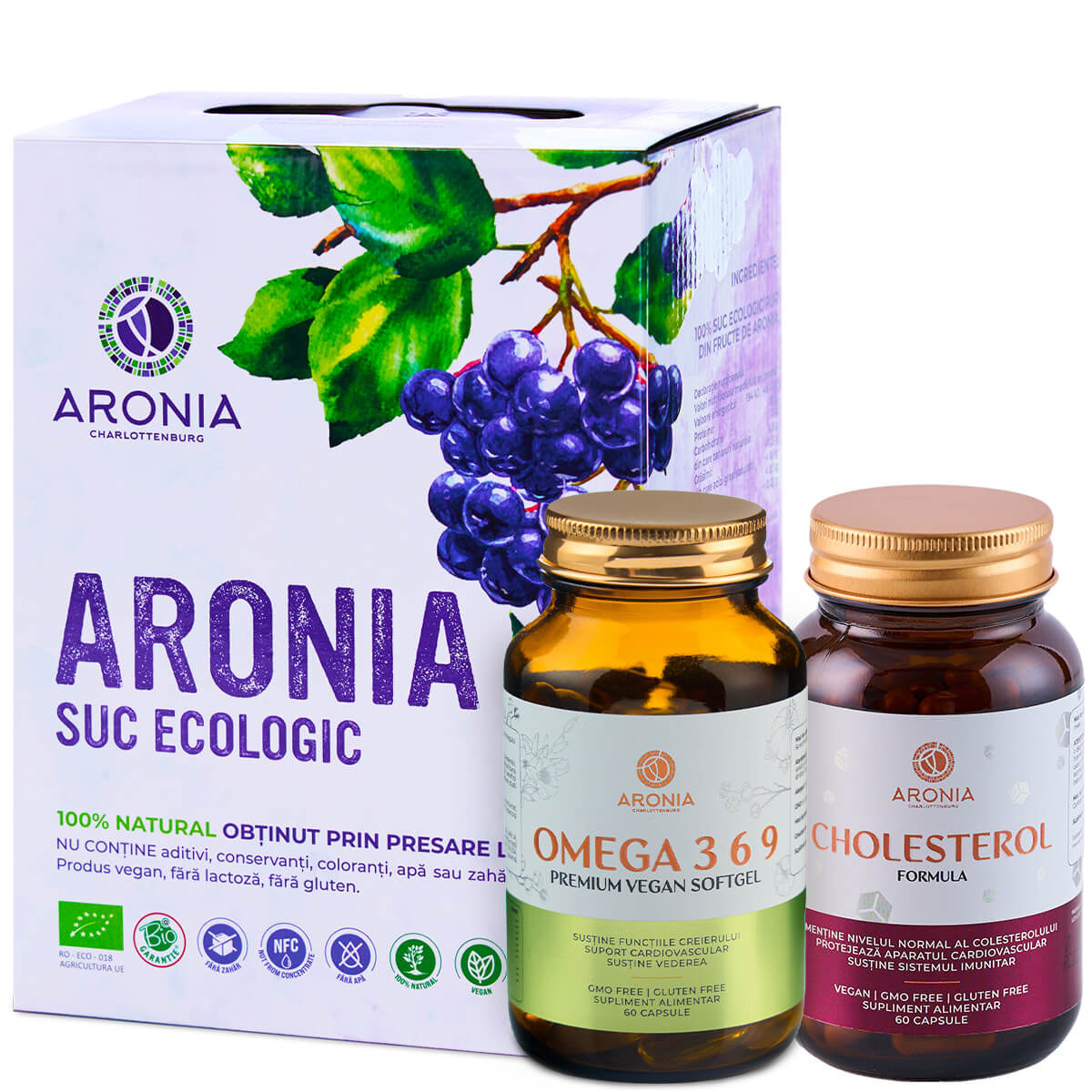 Pachet Protocol Colesterol Sub Control - aronia, capsule Omega 3-6-9 şi Colesterol Formula