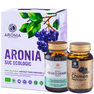 Pachet Protocol Diabetul Sub Control cu suc de aronia, capsule gluco-diabet și ulei de chimen negru