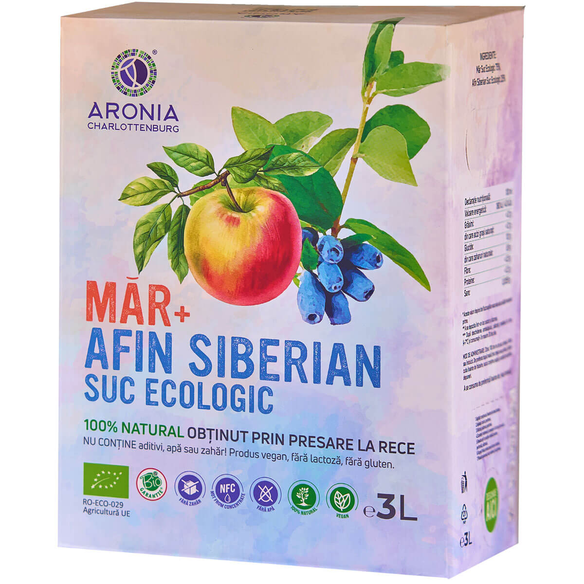Cutie 3L suc 100% natural din măr şi afin siberian, presat la rece