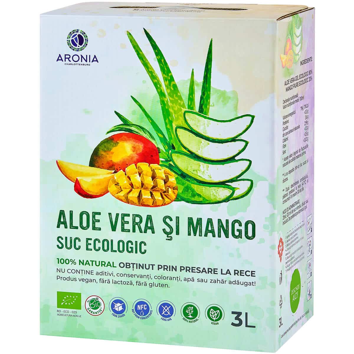 Suc de Aloe Vera și Mango 3L ECO - ambalaj 3L, 80% gel Aloe Vera și 20% piure mango