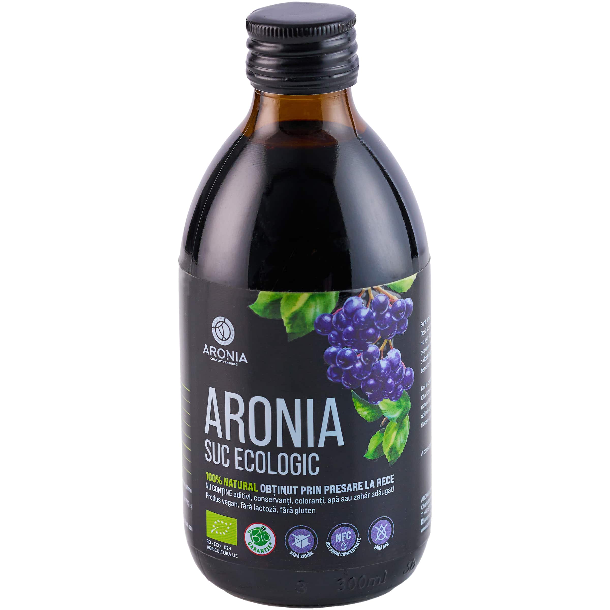 Sticlă suc aronia 300ml ecologic - etichetă Aronia Imunitate