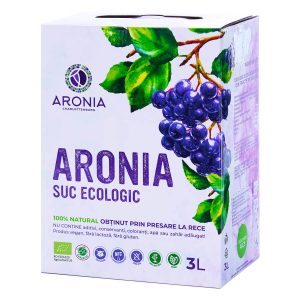 Sticlă suc aronia ecologic 3L, etichetă Aronia - Imunitate & Detoxifiere