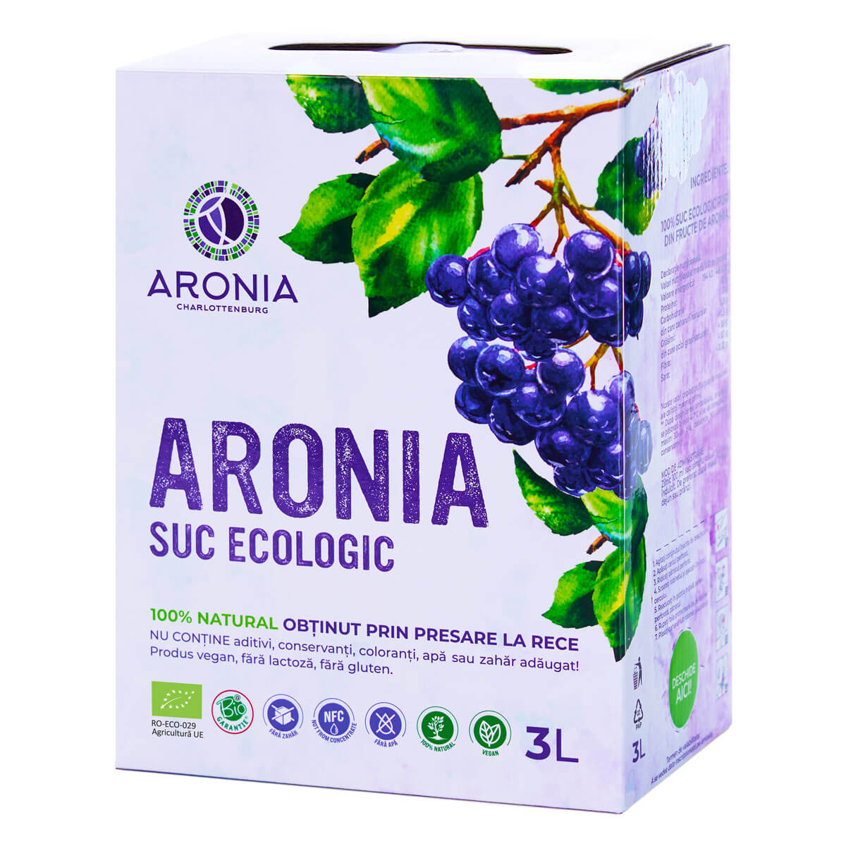 Sticlă suc aronia ecologic 3L, etichetă Aronia - Imunitate & Detoxifiere