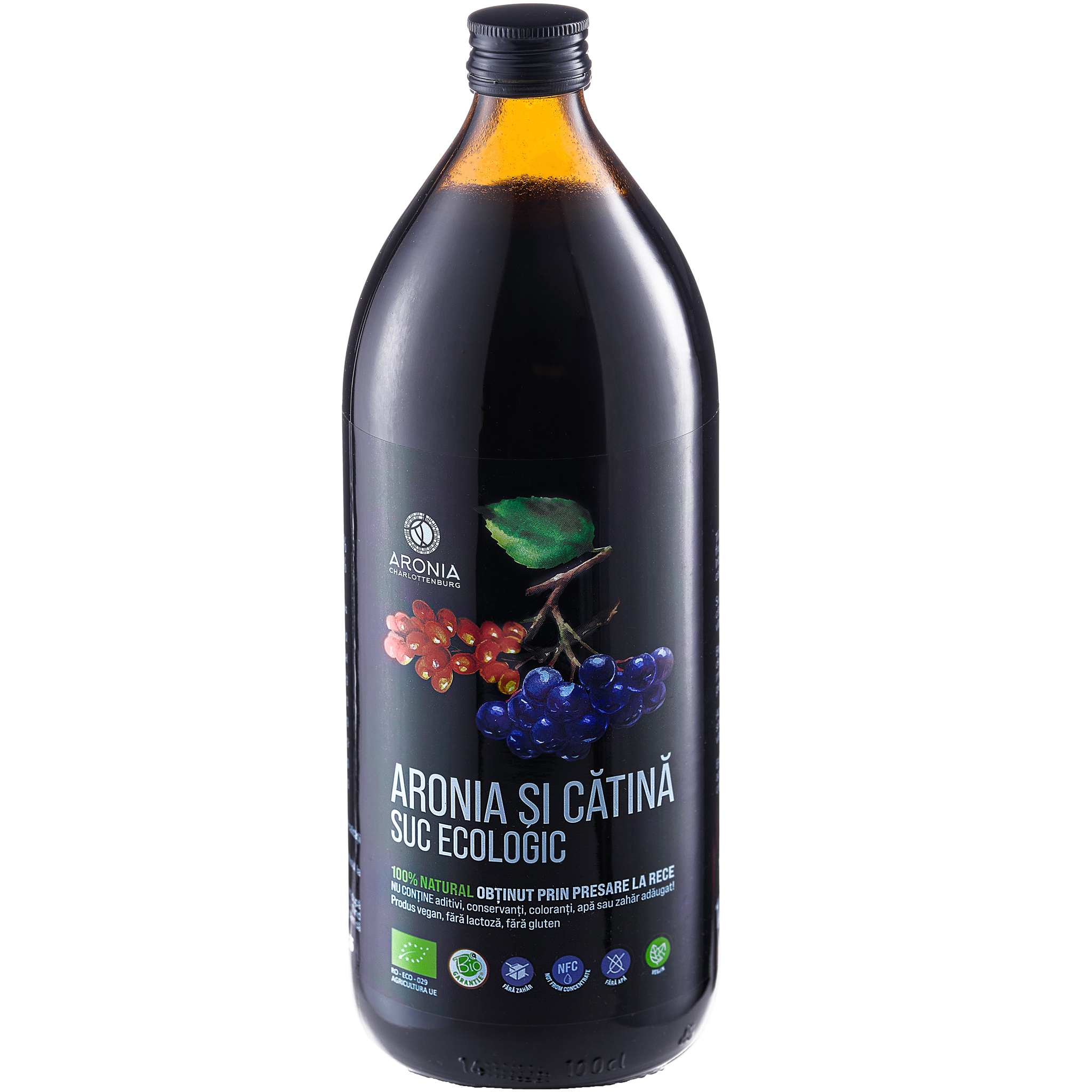 Sticlă 1L suc aronia și cătină presat la rece, natural și ecologic