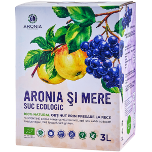 Sticlă 3L suc ecologic aronia și măr, etichetă produs