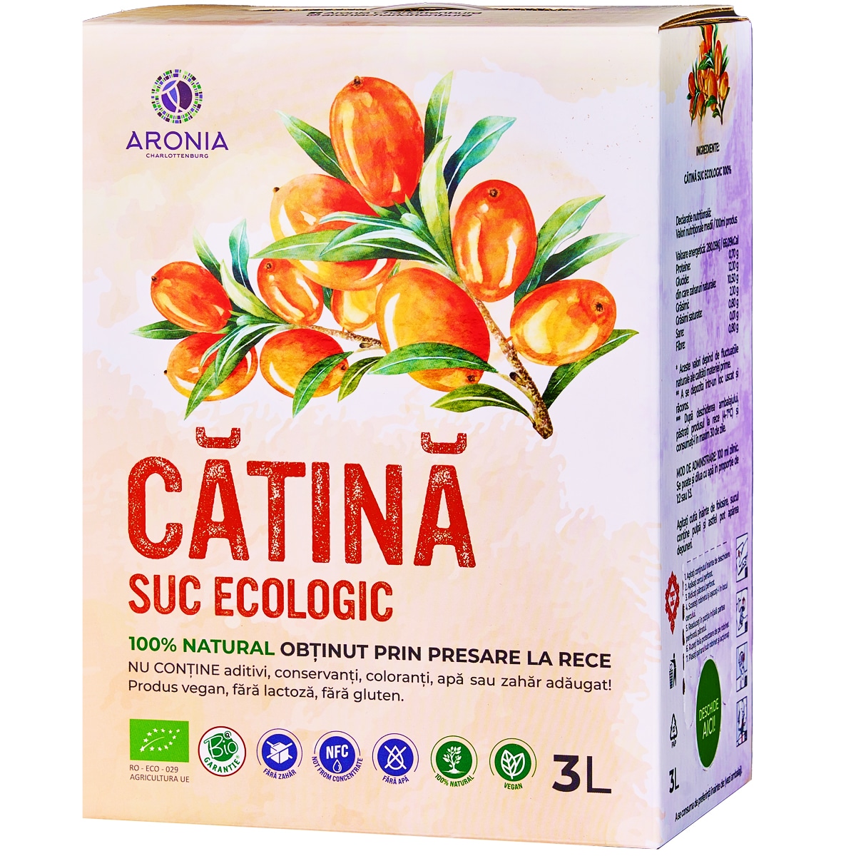 Sticlă suc de cătină ecologic 3L - certificat BIO, vegan