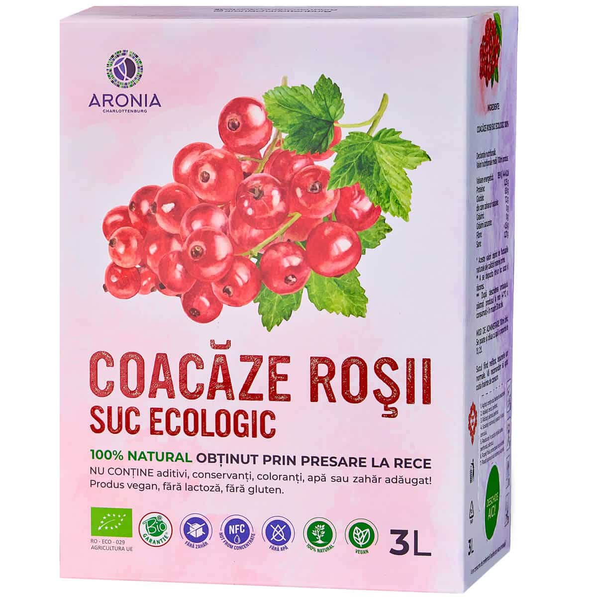 Suc de coacăze roșii ECO 3L - ambalaj 3L, natural și ecologic