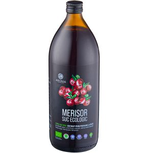 Sticlă 1l suc de merișor 100% natural, certificat ecologic RO-ECO-029