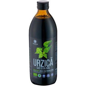 Sticlă 500ml suc de urzică ECO, presat la rece, etichetă Imunitate & Detoxifiere