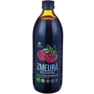 Sticlă 500 ml suc de zmeură ecologic, etichetă Suc de Zmeură ECO