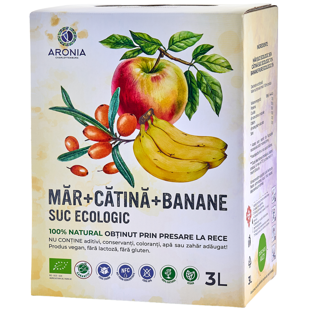 Sticlă suc natural ecologic de măr cu cătină şi banane 3L