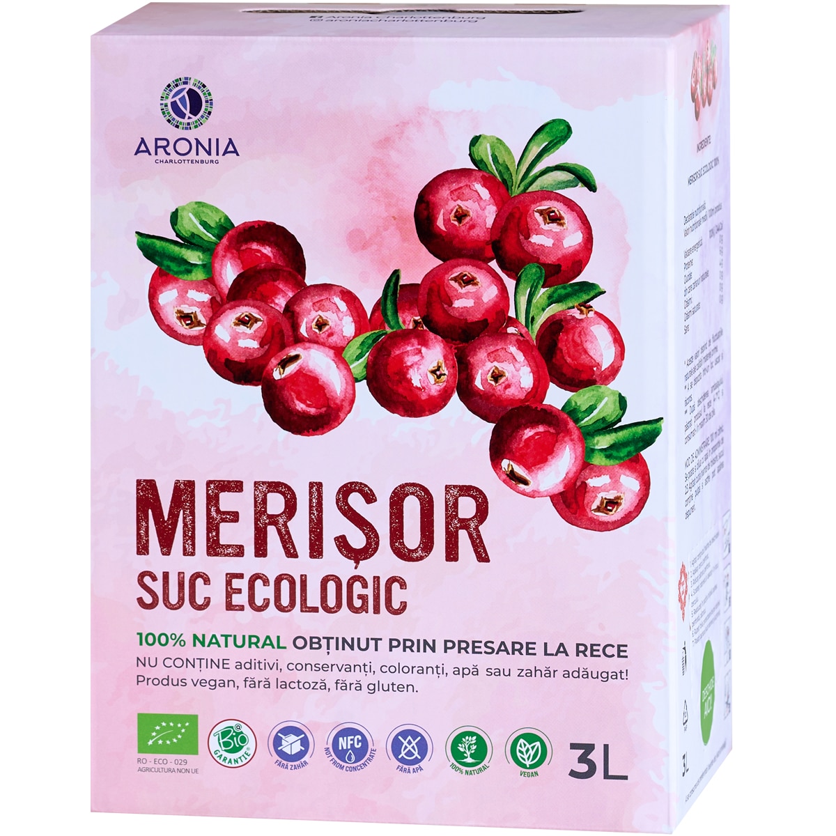 Sticlă suc de merișor ecologic 3L, produs vegan fără aditivi